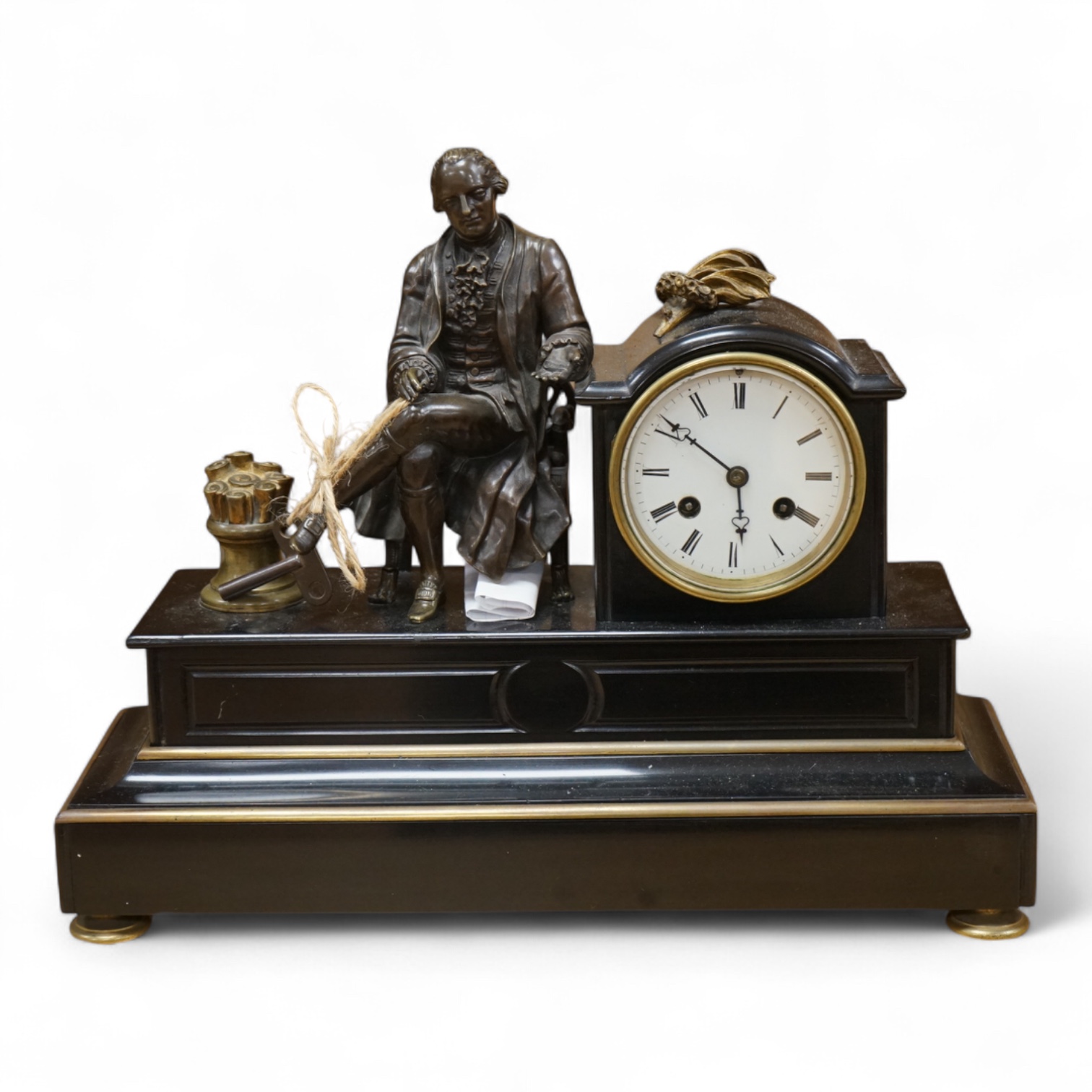 A 19th century French bronze and slate 8 day mantel clock, mounted with figure of Denis Diderot (1713-1784), 40cm wide